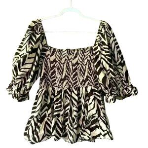 Soft Sport Womens 2X Zebra Peplum Blouse Smocked Square Neck Boho Flowy Classic